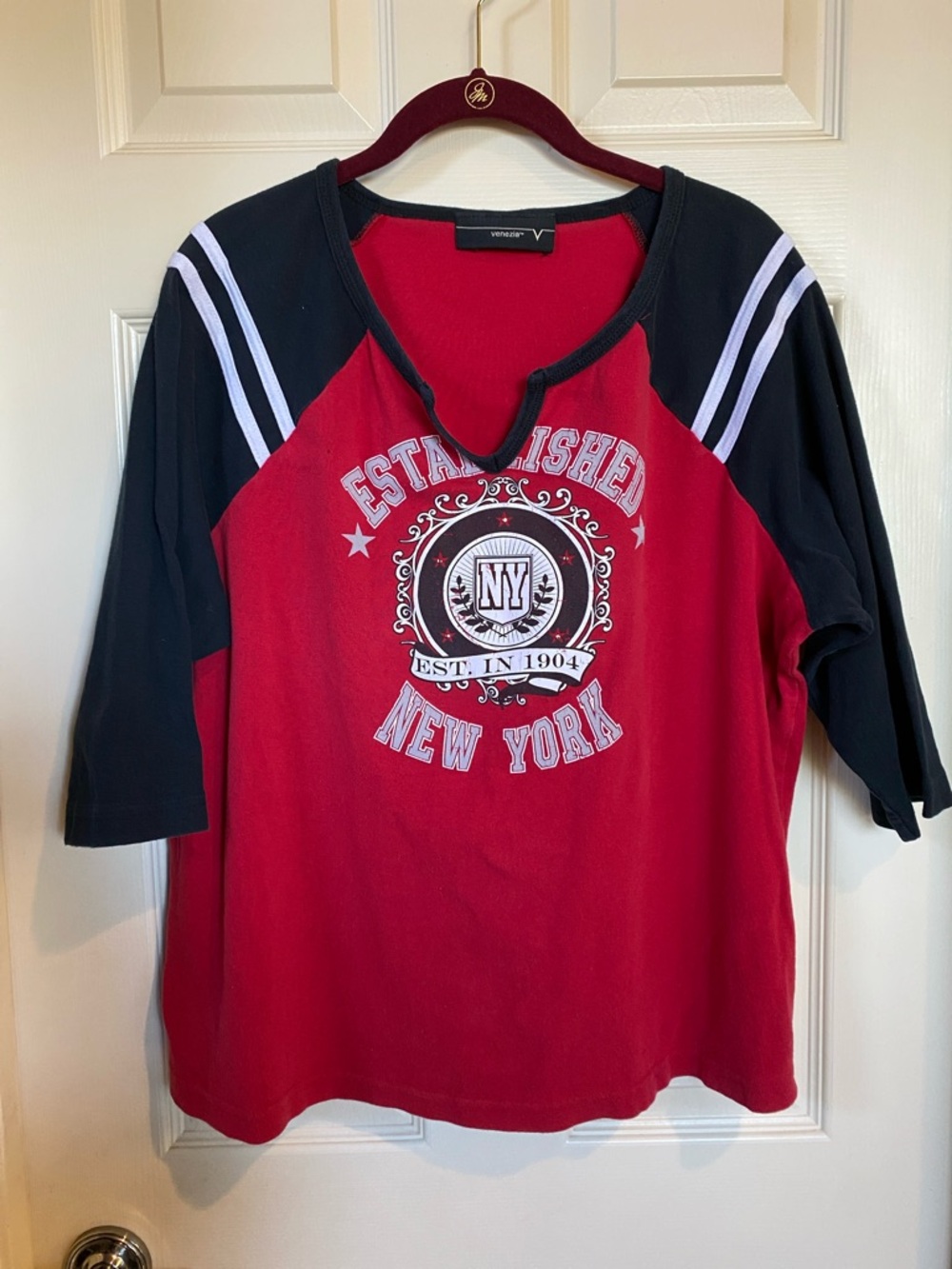 Venezia Scarlet Knit Top with Black Neck Trim